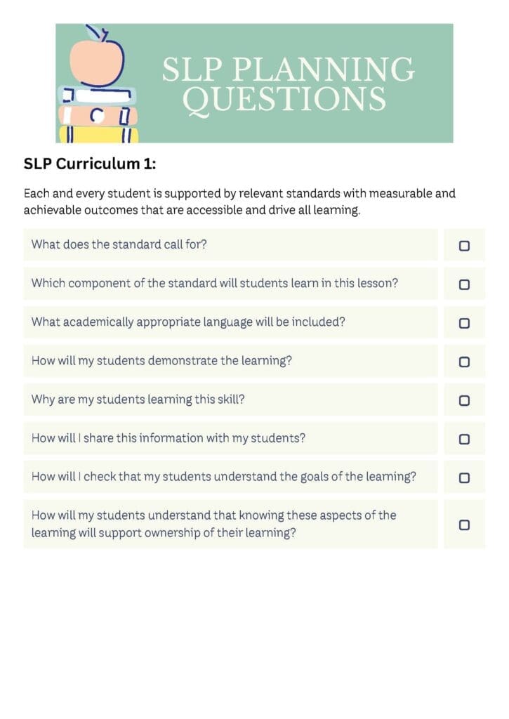 SLP Planning Questions Curriculum 1 Check list
