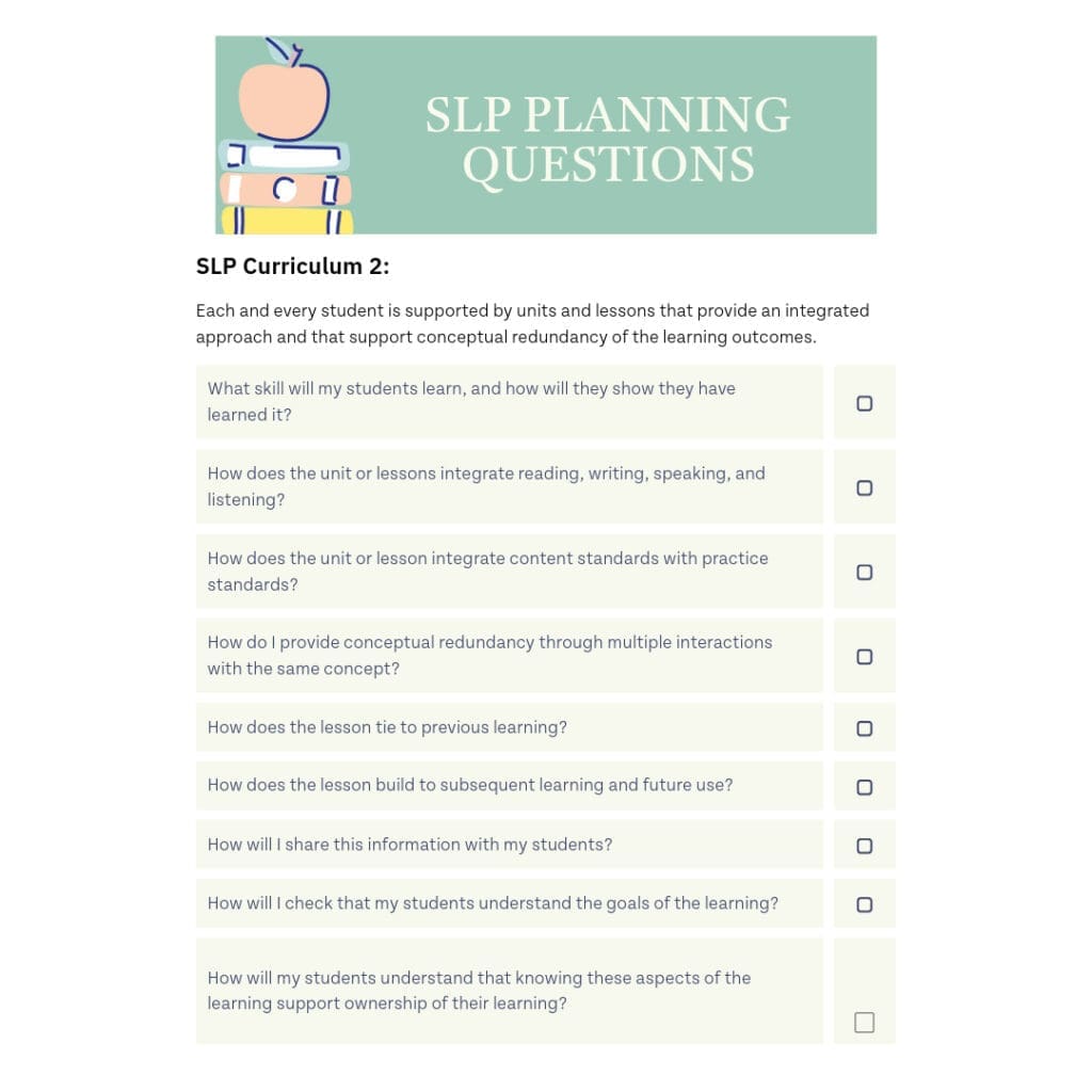 SLP Planning Questions Curriculum 2 Checklist.
