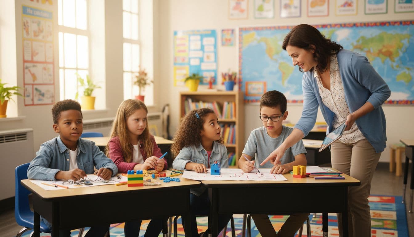 Four diverse elementary students at tables show puzzled-to-insightful expressions during group project, smiling teacher circulates with hints.