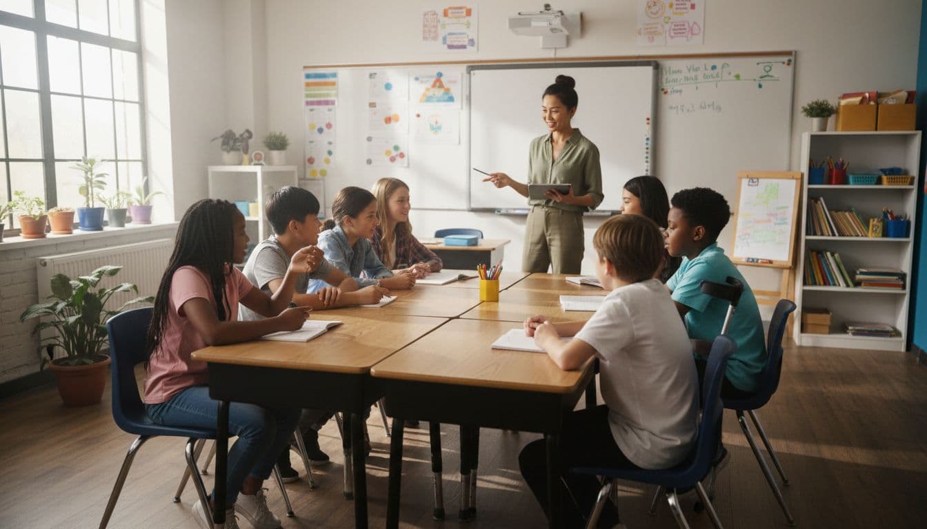 Diverse middle school students engaged in think-pair-share discussion in a bright classroom, pairs talking at desks with teacher facilitating, realistic style with focused expressions.