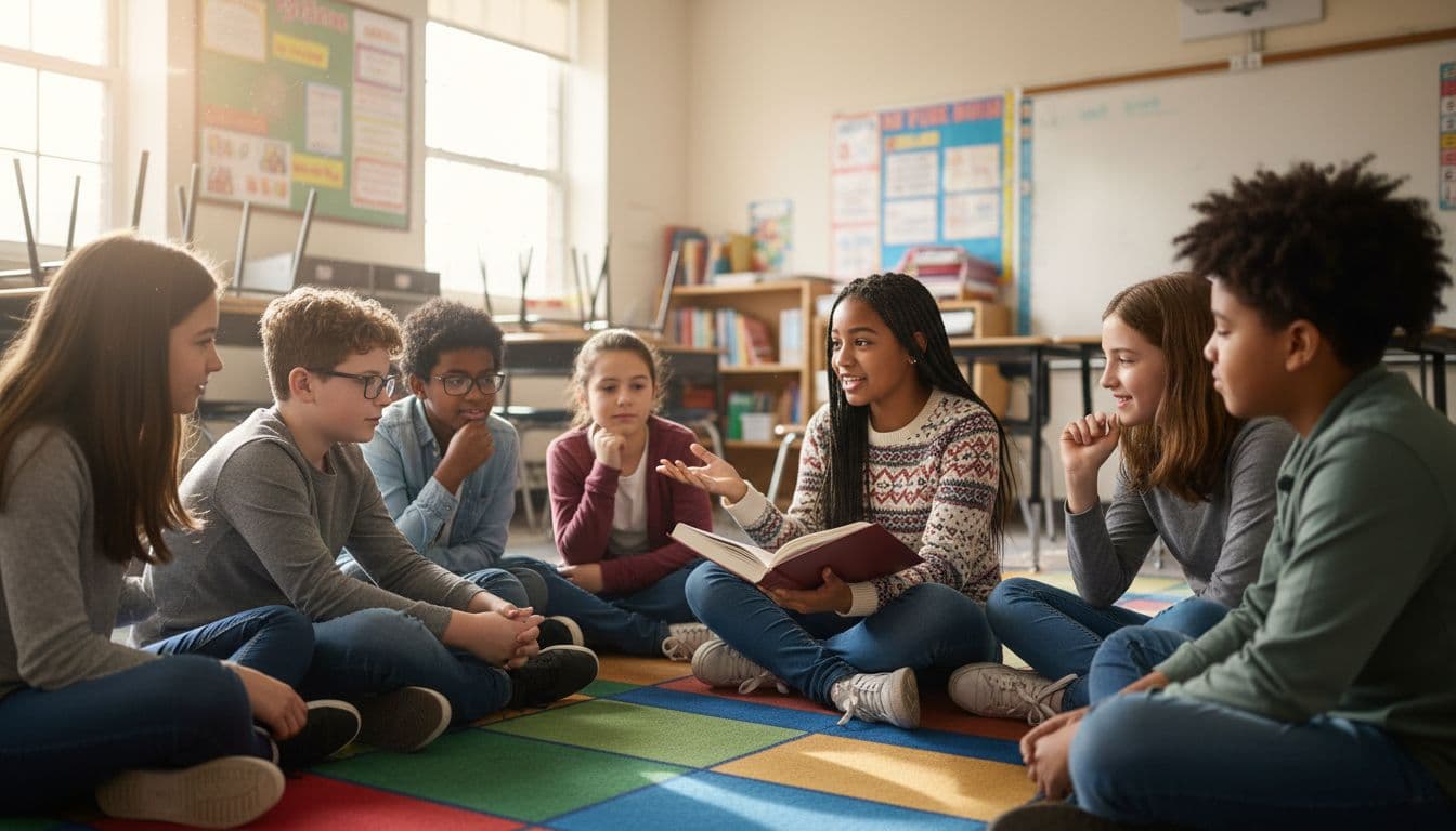 Eight diverse middle school students sit in a circle in a sunlit classroom, one gesturing with an open book while others listen attentively.