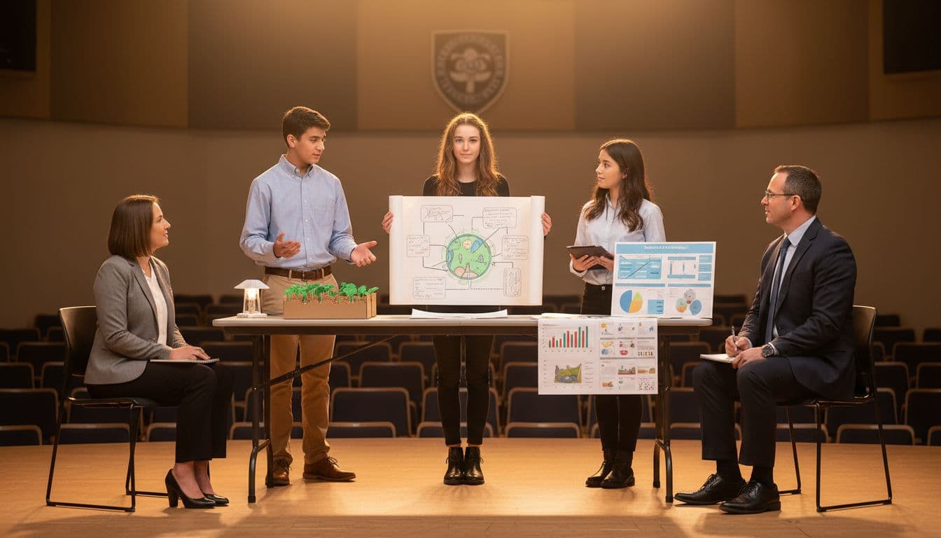 Three high school students present a civics project proposal with posters and models to two community leaders in a school auditorium under warm stage lighting, emphasizing focused group interaction in a realistic photograph style.