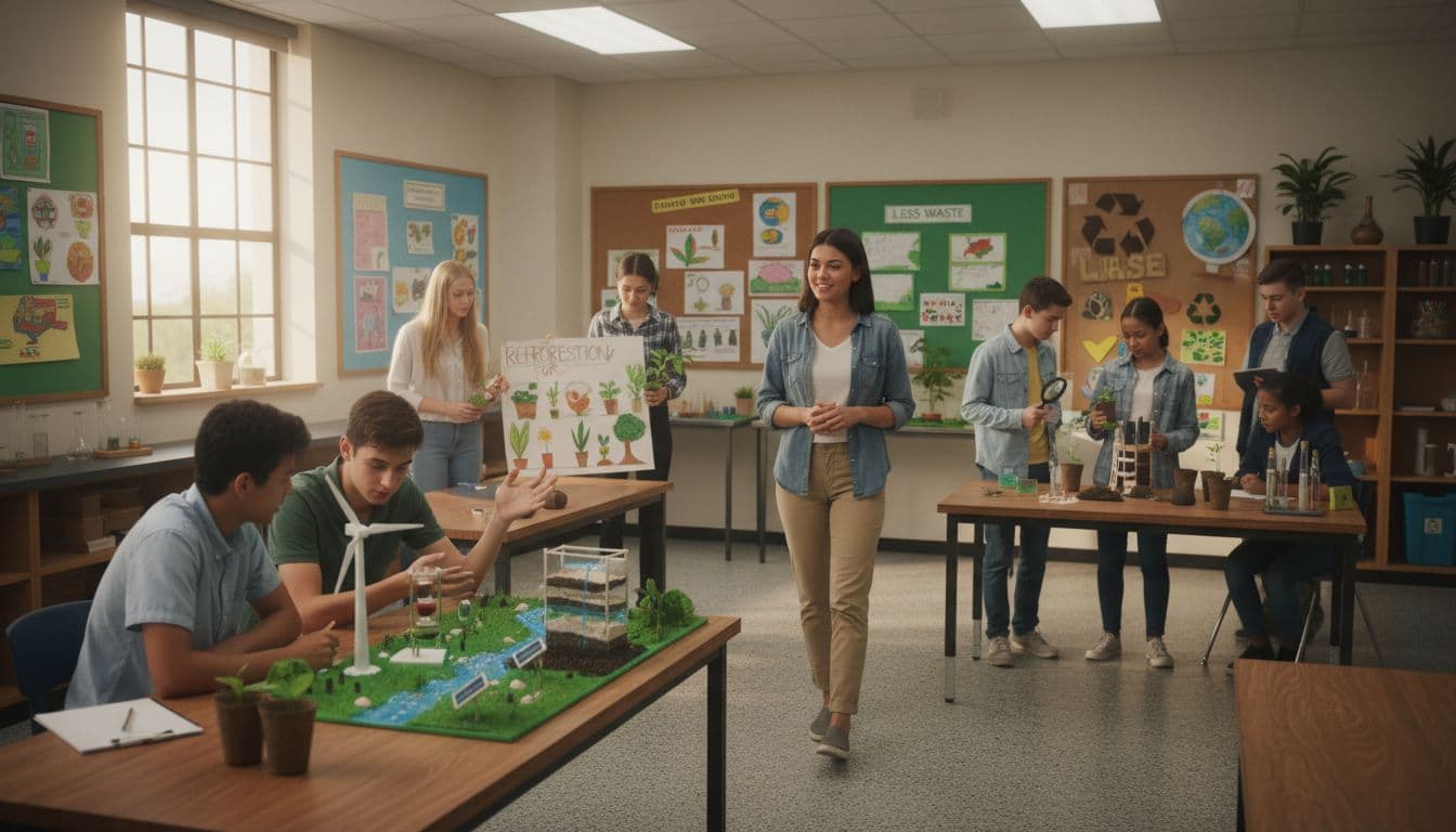 Eight high school students in small groups work on environmental science projects with posters and models on tables; one teacher circulates.