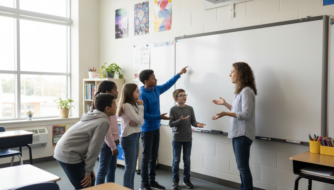 Six diverse middle school students and teacher discuss and point at blank whiteboard in bright classroom.