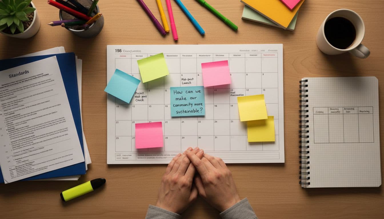 Top-down realistic view of an educator's desk with standards documents, calendar, sticky notes for milestones and driving question, and notebook open to rubric; only relaxed hands visible, soft office lighting, no full people or text.