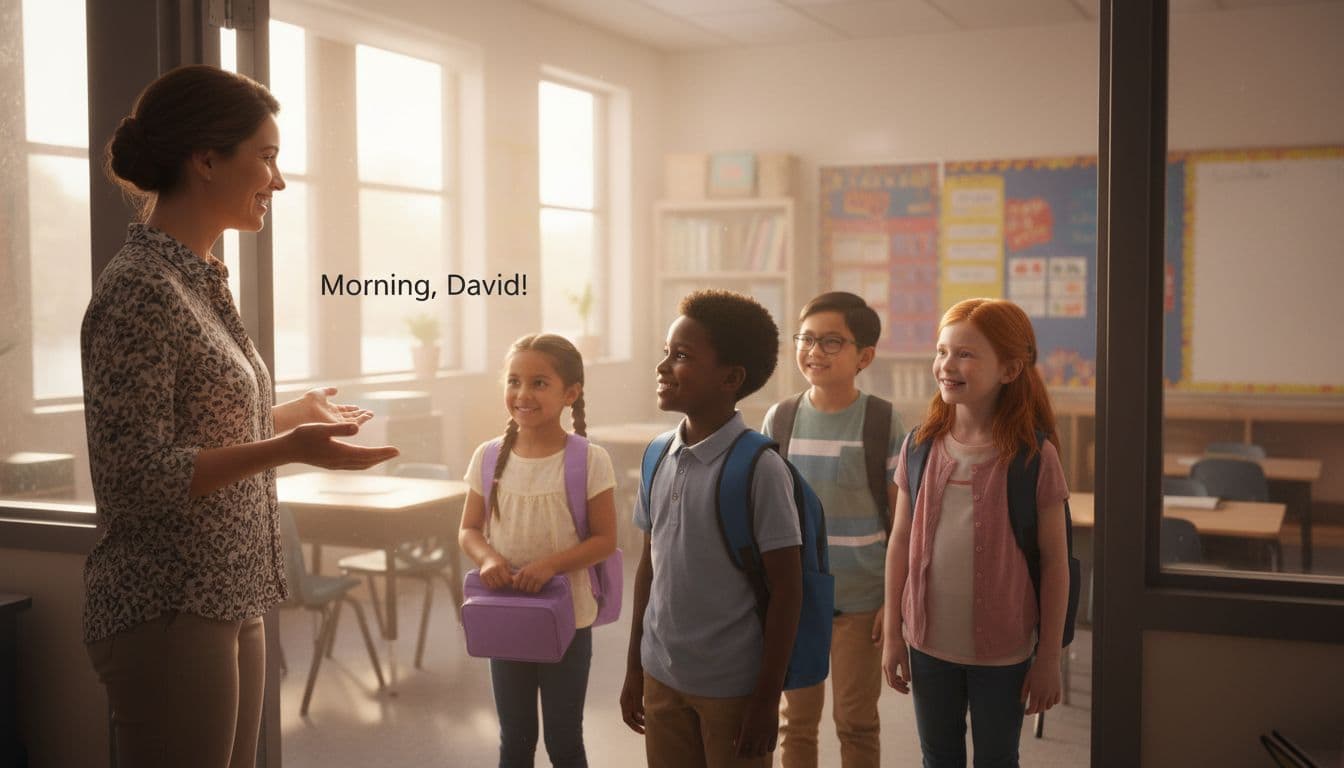 A smiling teacher at the classroom door personally greets four diverse elementary students by name in warm morning light, fostering an inclusive atmosphere with natural poses.