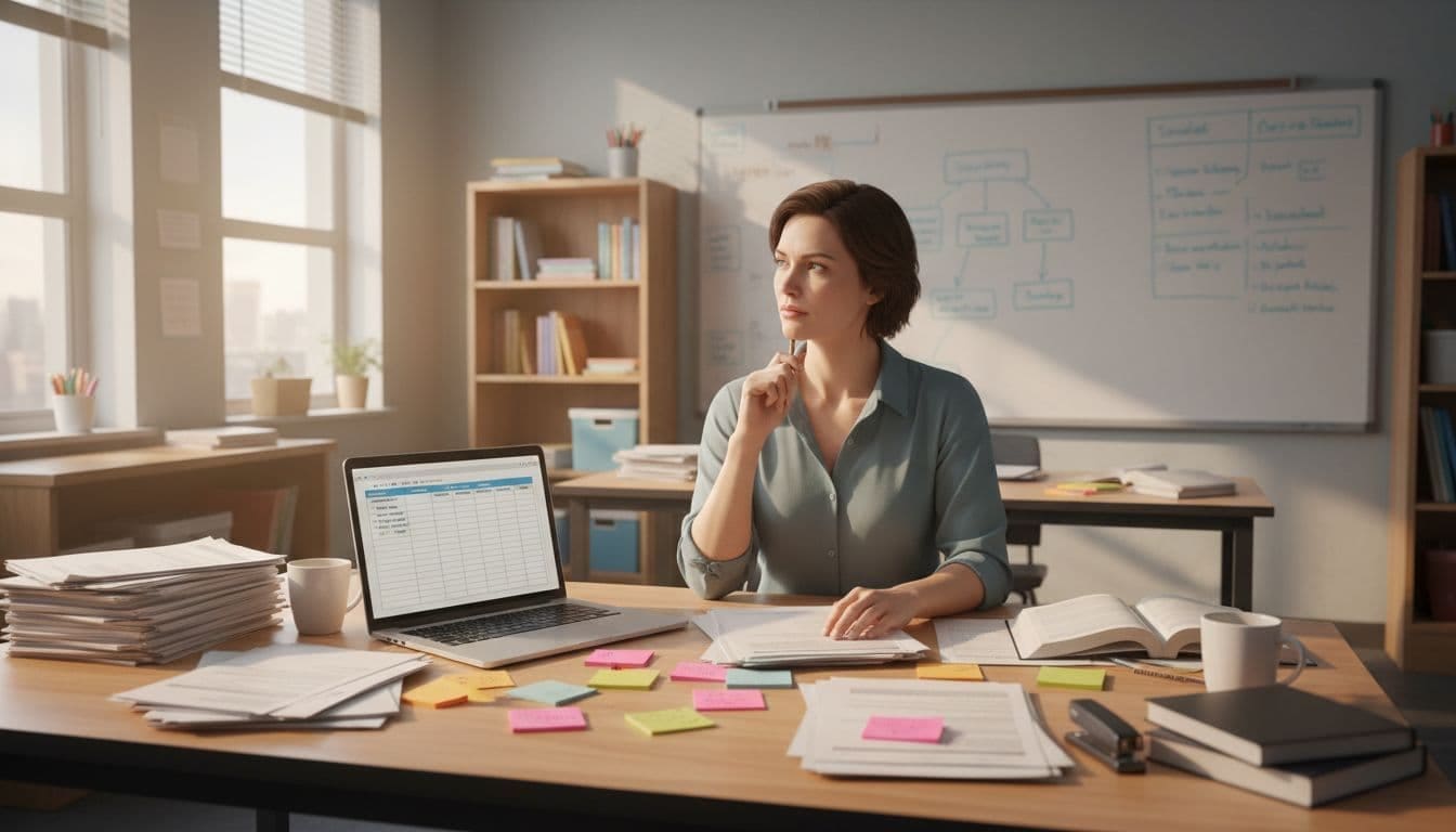 Teacher at desk in sunlit classroom with standards documents, sticky notes, and open laptop.
