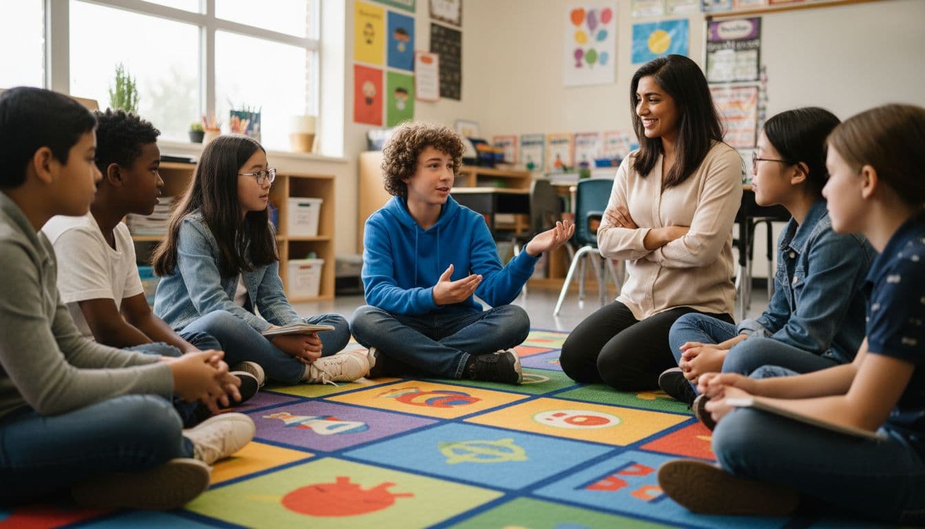 Eight diverse middle school students sit in a classroom circle on a rug, one gesturing while speaking, others listening engaged, teacher kneeling nearby smiling.