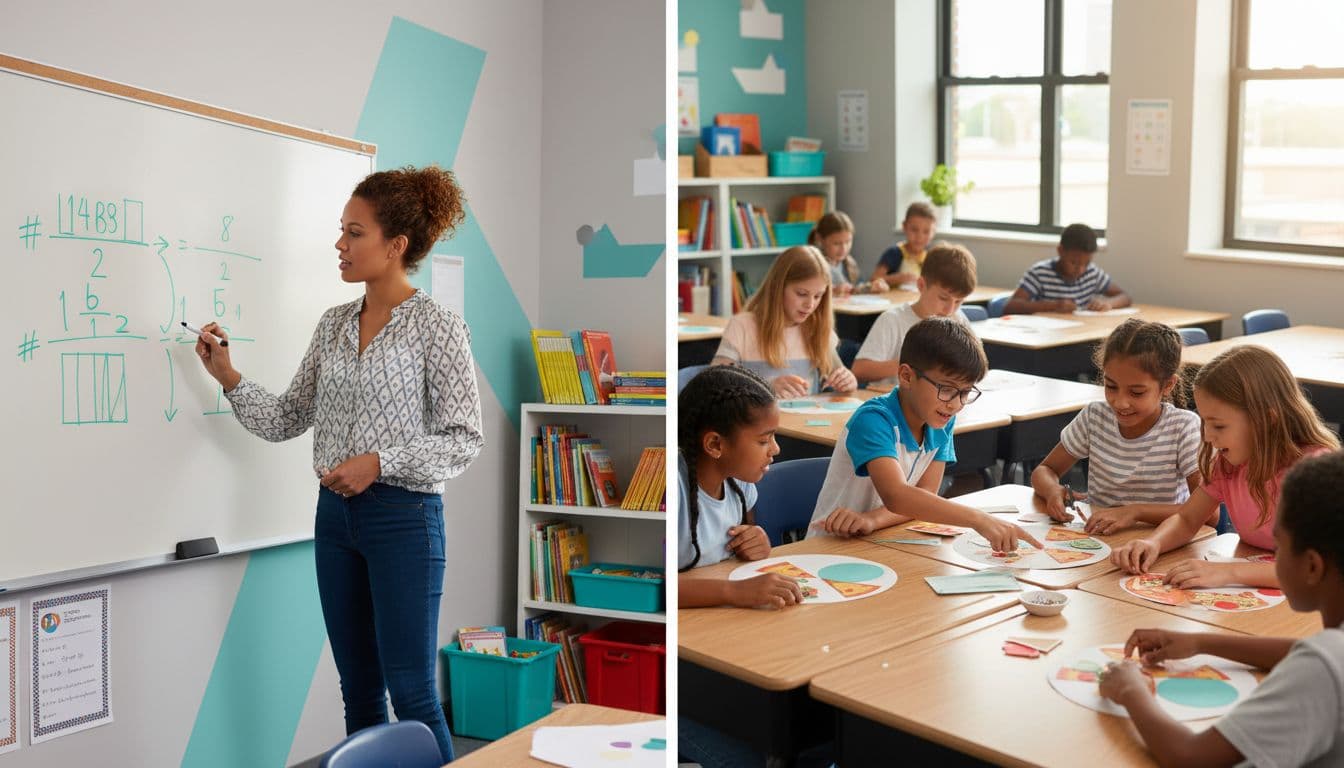 Teacher models fraction division on board in teal accents; diverse students at desks design pizza sharing with paper cutouts.