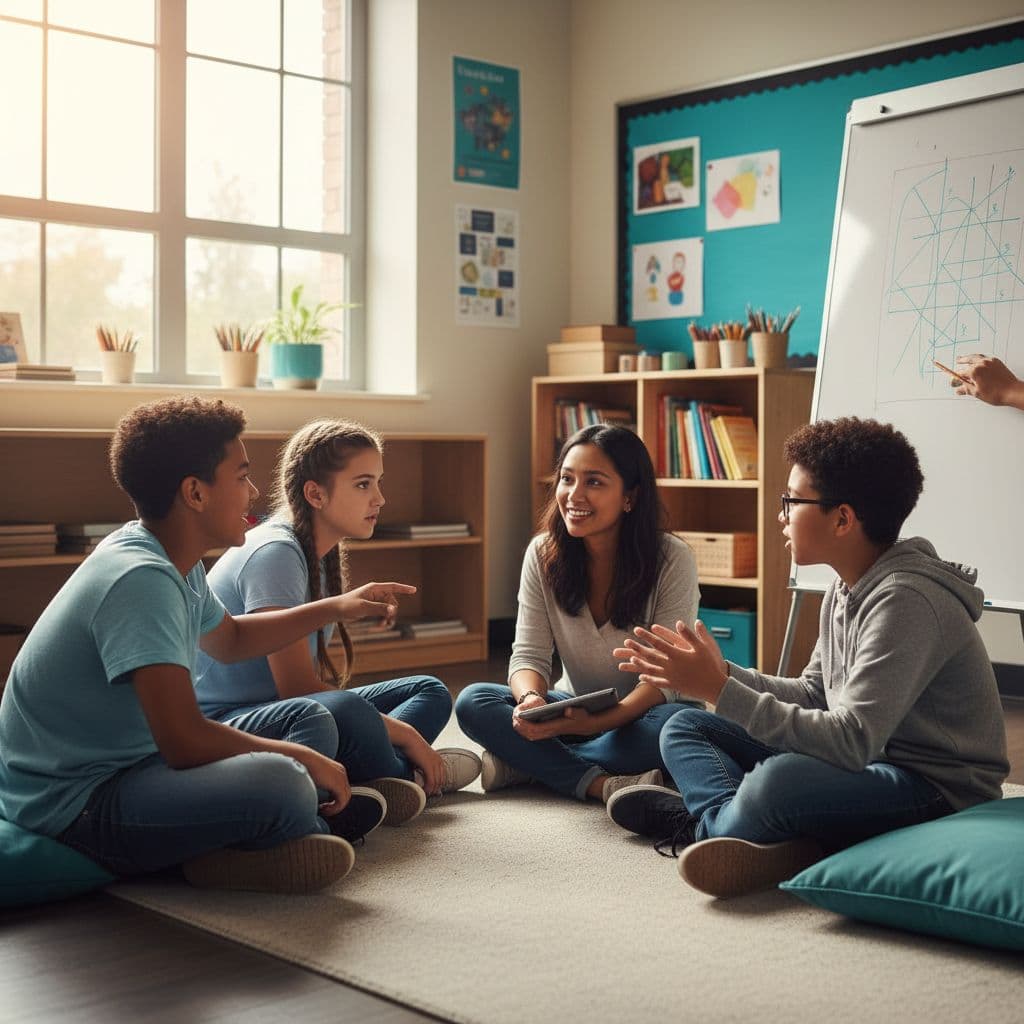 Four middle school students and a teacher sit in a sunlit classroom circle, one student points to whiteboard image.
