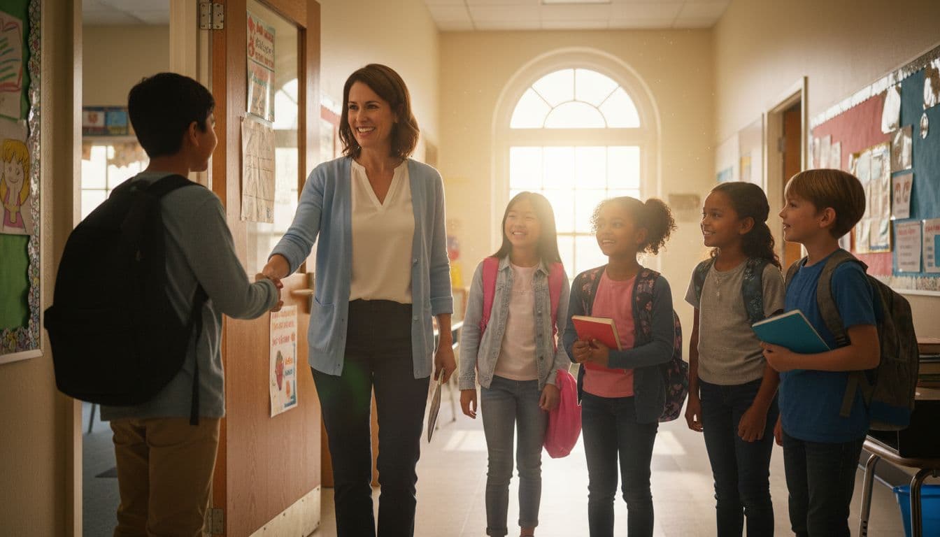 Teacher at classroom door greets six diverse middle school students with smiles, handshakes, and high-fives in sunlit hallway.