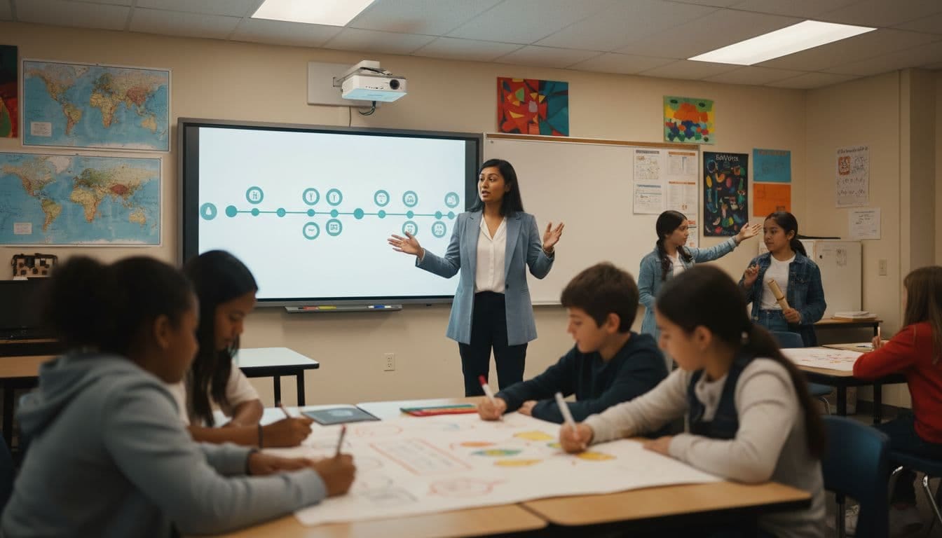 Teacher points to teal timeline markers as diverse students create posters in groups amid wall maps.