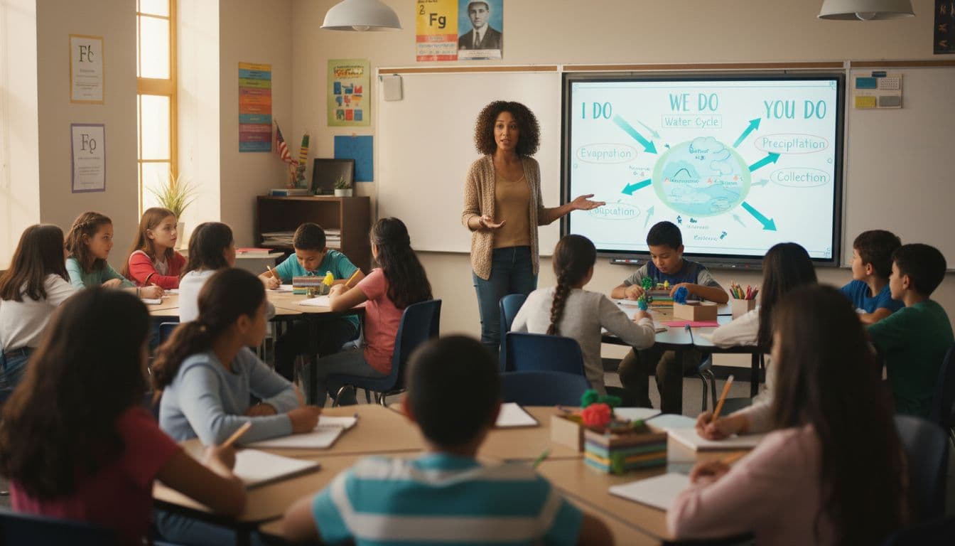 Teacher points to highlighted water cycle diagram as diverse middle school students take notes before shifting to group tables.